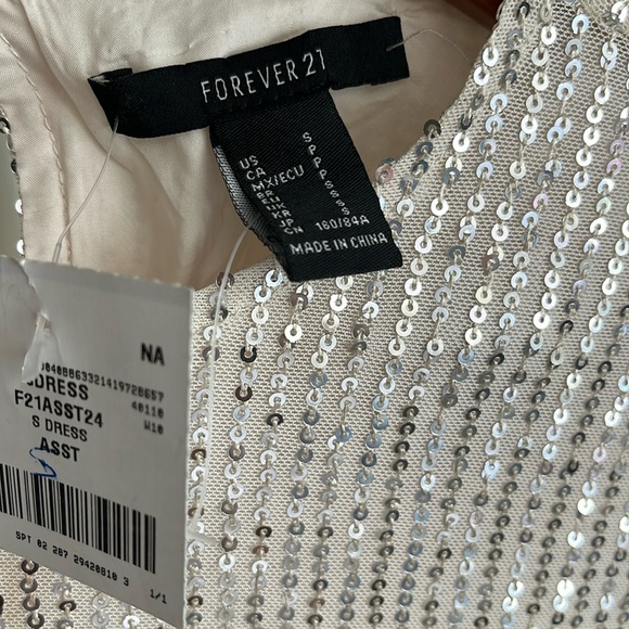 🥂👗✨ Forever21 Sequin Peasant Long-sleeve Mini Dress-S-Champagne-NWT - Picture 14 of 16